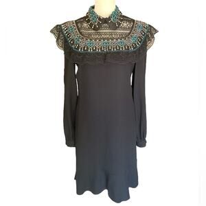 NWT Alberta Ferretti Lace Beaded Long Sleeve Sheath Dress Blue Black